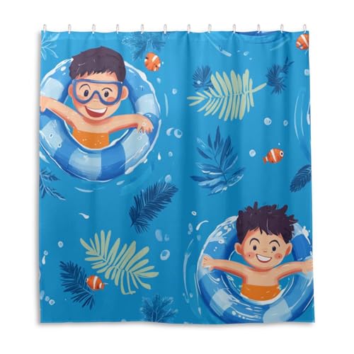Rideau de douche imperméable garçon en polyester bleu pour baignoire - 2