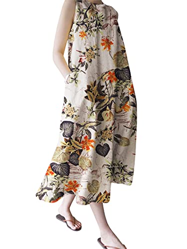 Zanzea Women's Summer Sleeveless Floral Maxi Dress Casual Crew Neck Loose Cotton Sundress With Pockets Yellow-G91033 Large #TOP2