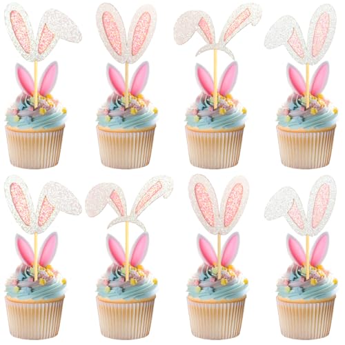 Chewarelly 24 Pack Easter Cupcake Toppers - Festive Decoration for Spring Baked Goods - Glitter Cardstock Material - Perfect for Easter Celebrations(Bunny Ear Design)