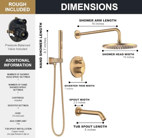 Image of Lava Odoro Modern 3-Setting Bathtub and Shower Faucet, Gold Rainfall Tub Shower Faucet Set Shower Head and Handle Set, Tub Shower Valve Trim Kit, 10 Inch, Champagne Gold, SF104-CB-T
