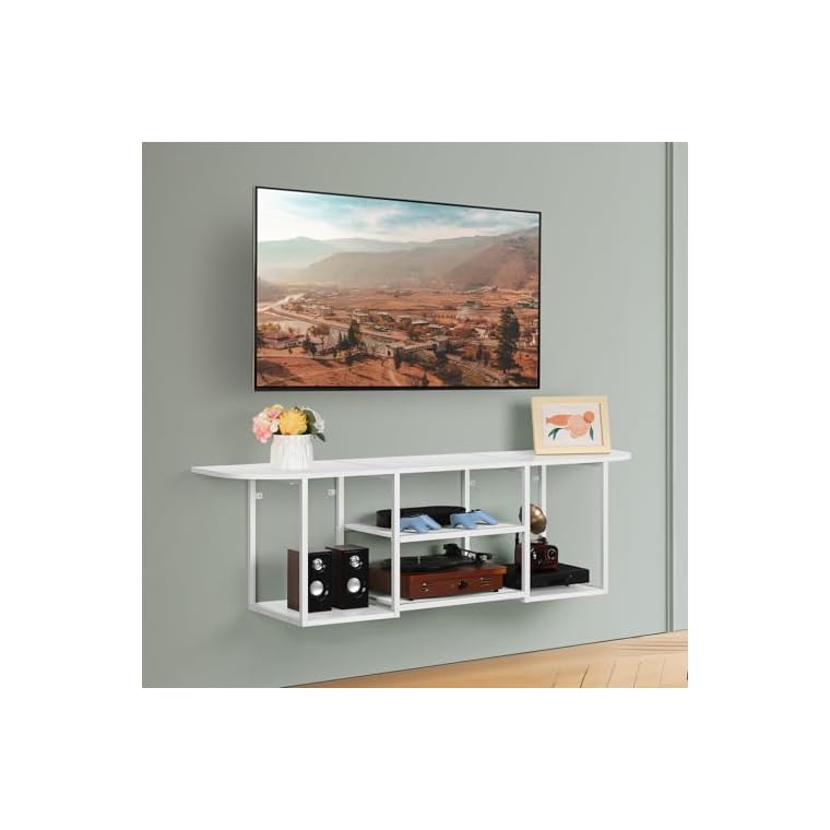 Floating TV Shelf Stand Under TV Wall-Mounted Entertainment Center Industrial TV Media Console Table with Storage for Bedroom Living Room Office, White - Image 6