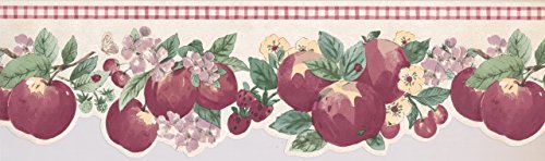 Concord WALLCOVERINGS ™ Apple & Berry Gingham Patch Wallpaper Border, 7" x 15' Roll with Gingham Stripe, Prepasted Washable Vinyl, Scalloped Edge for Farmhouse Kitchens #KR2279B