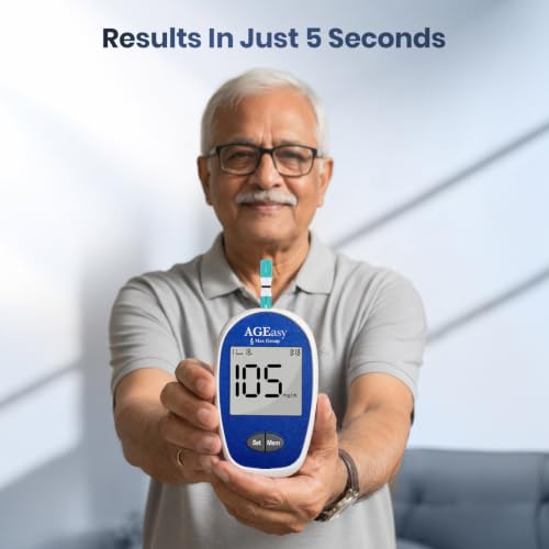 Image of AGEasy (Max Group) Blood Glucose Monitor with 50 Strips | Accurate & Fast Diabetes Testing Kit | Large LCD Display, Easy to Use, Portable | Stores upto 800 Readings | One touch operation Glucometer