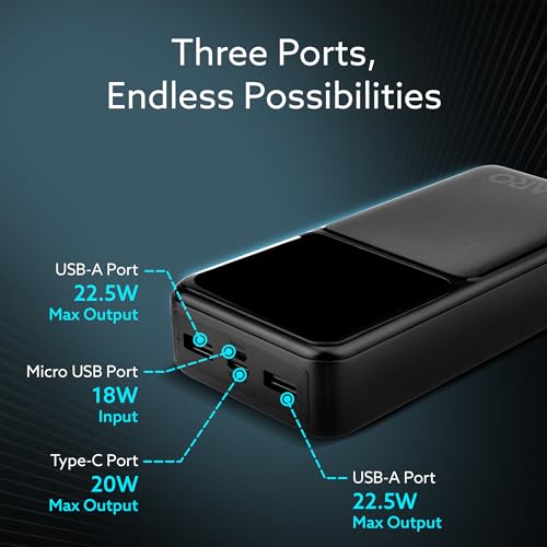 Image of AGARO Imperial Power Bank 20000 mAh, 22.5W Power Delivery for Smartphones, Portable, USB C & Micro Input, USB A1,A2 & C Output, Fast Charge Technology for Tablets, Headphones and Hi-Powered Devices