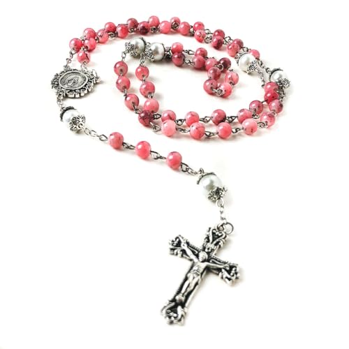 Catholic Heirlooms Virgin Mary Marbled Pink and Faux Pearl Acrylic Rosary and 5 Decade Rosary Bracelet Set3