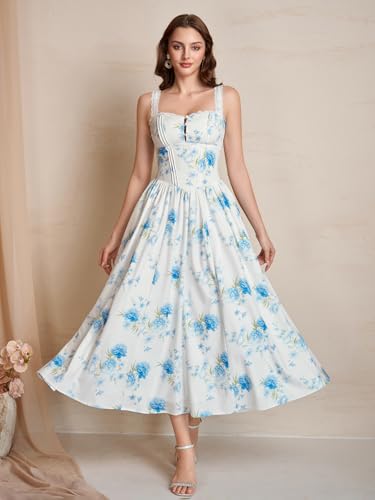 Image of KUTUMAI Women Summer Corset Midi Floral Wedding Guest Dresses with Pockets | Lace Neck, Smocked Back, Flowy A Line Sundress for 2026 Engagement Photoshoot Bridal Shower Garden Party