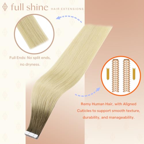 Image of Full Shine Hair Extensions Tape in, Brown Root Blonde 14 Inch | 50g 20PCS, Seamless Skin Weft Human Hair Tape in Extensions, Remy Double Sided Design Soft Texture Natural Blend