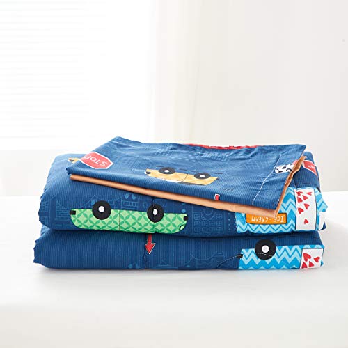 Boys Toddler Bedding Set Navy With Colorful Cars Includes 1 Boys Comforter, Flat Sheet, Fitted Sheet And Pillowcase #TOP6