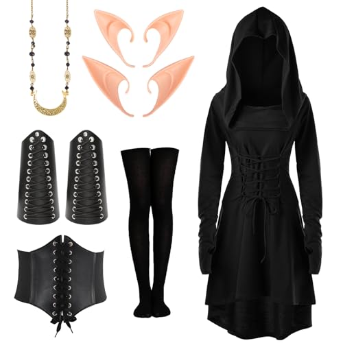 Mittelalter Kleidung Damen, Gothic Kleid, Renaissance Kleid, Mittelalte Mit Kapuze Langarm Retro Gothic, Kommt Gürtel, Kniestrümpfen, Armschützern...