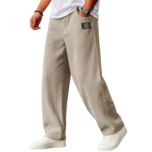 Mokaloha Mens Corduroy Pants, Pacificozy Men's Loose Corduroy Ribbed Fabric Drawstring Elastic Waist Pocket Trousers