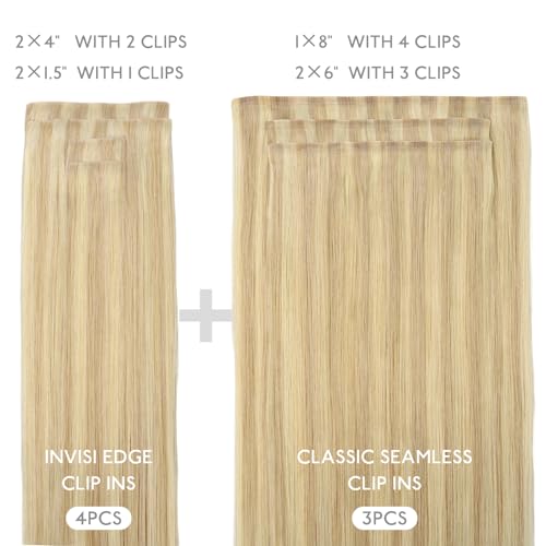 Image of WENNALIFE Invisi Edge Clip in Hair Extensions Real Human Hair, 22 Inch 150g 7pcs Light Blonde Highlighted Golden Blonde Hair Extensions for Women Invisible Straight Injection Extensions