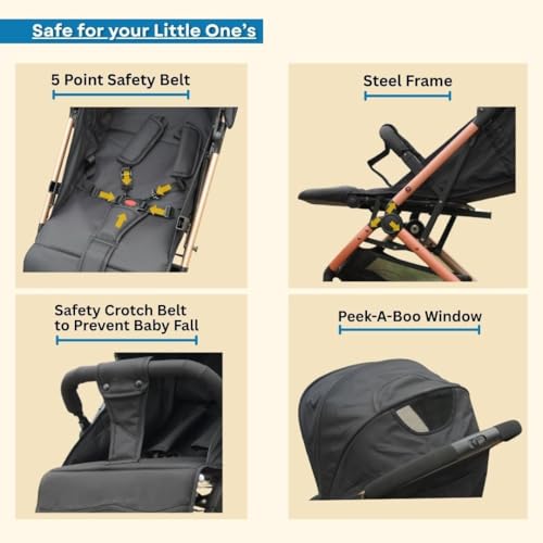 Image of Travel Mate Baby Stroller - Pre-Installed, Lightweight, Compact & Travel-Friendly | One-Hand Fold | Full Recline & 5-Point Harness | Newborn to Toddler (0-3 Yrs) | Elegant Rose Gold Frame - Blue