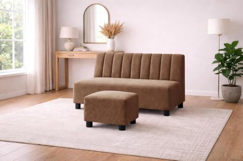 Image of Rosebell Sofa Set with Ottoman Combo 2 Seater Sofa Set with Matching Footstool Velvet Fabric for Living Room, Office & Bedroom Guest Room - Brown Color