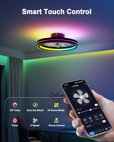 Image of Lumary Smart Ceiling Fans with Lights and Remote, WiFi & Bluetooth Low Profile Ceiling Fan with 2200K Nightlight for Bedroom, RGBAI & 42 Scenes Mode, Flush Mount Easy to Install, 5000 Lm, 19 ln Black
