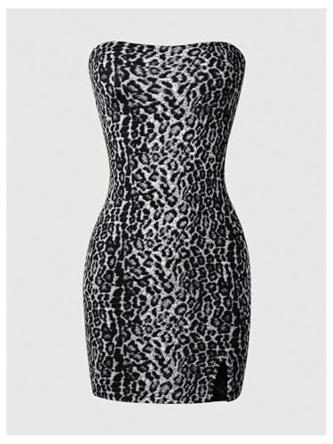 Image of Floerns Women's Leopard Print Sleeveless Tube Top Club Dress Split Bodycon Mini Dress