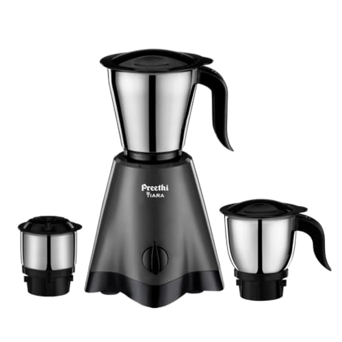 Image of Preethi Tiara 500 Watts Mixer Grinder, 3 Jars (Stainless Steel), Perfect for Grinding Masalas, Chutneys and Purees, 2 Year Warranty, Lifelong Free Service, Black
