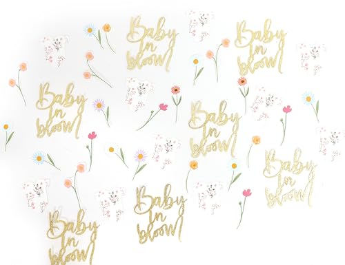Baby Shower Script Table Confetti - Baby In Bloom Shower Decor, Floral Bodysuit Scatter, Flower Baby Gender Reveal Party Decorations, Glitter Photo Props (Baby Girl Pink)
