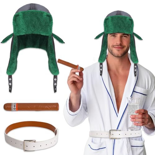 SHUASLE 3 Pcs Christmas Costumes Hat Green Trapper Hat with Ear Flap White Robe Belt for Funny Costume Accessory Party