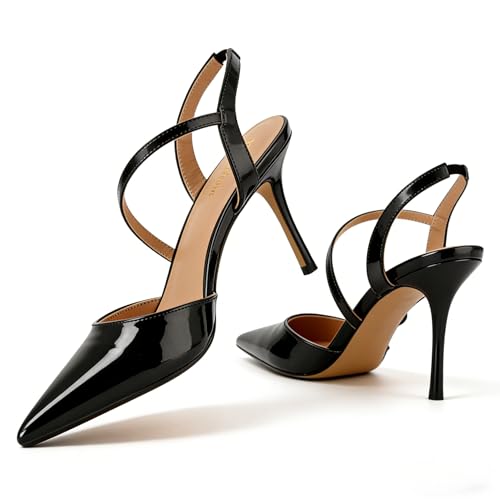 Image of Closed Toe Slingback Heels Wedding High Stiletto Heel for Women 3.3 Inch Ankle Strap Pointed Toe Pumps Prom Dress Bride Shoes for Dinner Party Sexy