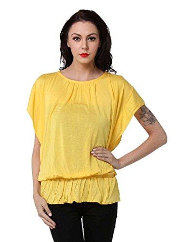 Image of Teemoods Women's Short Sleeve Blouson Top - Round Neck, Elastic Waist, Loose Fit Viscose Summer Top for Women