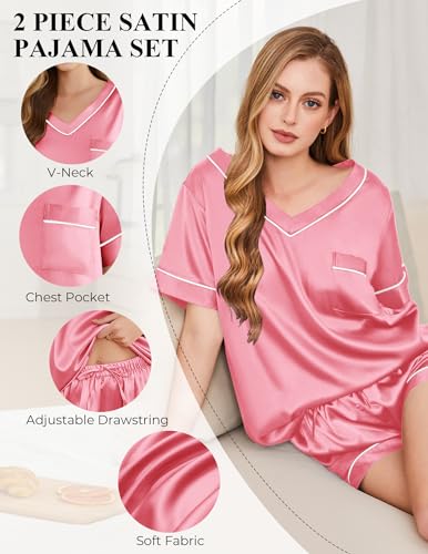 Image of Silk Pajamas for Women Short Sleeve Satin 2 Piece Pj Set Soft V Neck Sleepwear Loungewear, S-XXL