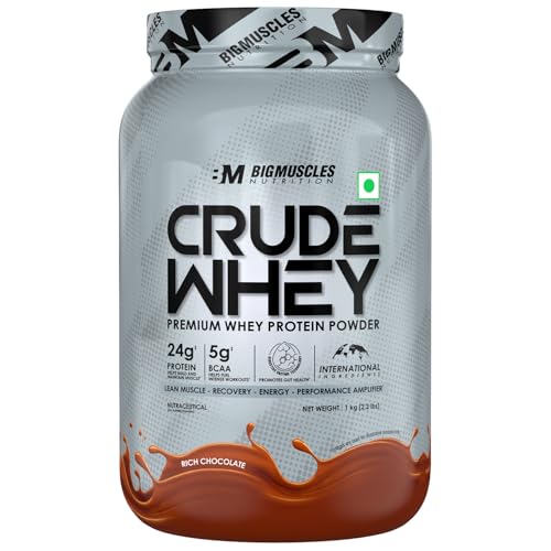 Image of Bigmuscles Nutrition Crude Whey - 1 kg (Rich Chocolate) | US FDA REGD. BRAND | Whey Protein Concentrate 80%, 24g Protein, 5.5g BCAA, 4 g Glutamine