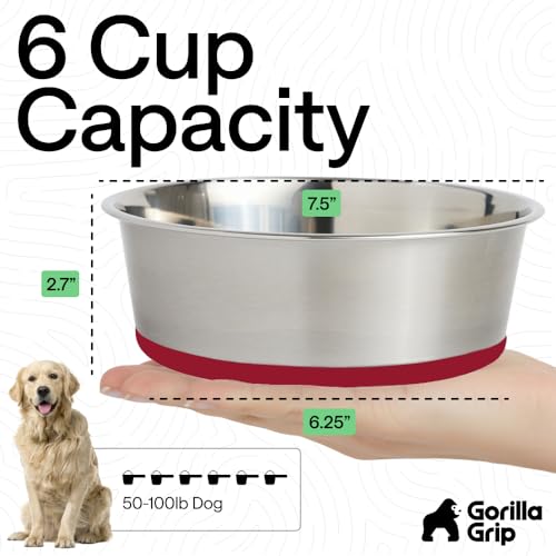 Image of GORILLA GRIP Dog Bowls, Food Grade 304 Stainless Steel, Holds 6 Cups Each (48 fl oz) Food and Water Bowl for Feeding Dogs and Cats, Dishwasher Safe, Rust Resistant, BPA Free Rubber Base Set of 2 Red