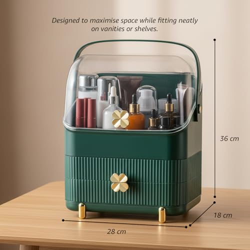 Image of Amazon Basics Glossy HIPS+PS Cosmetic Storage Organizer | 28 x 18 x 36 cm | 3 Compartments | Waterproof & Dustproof Lid | Green