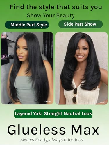 Image of KLAIYI Pre Everything Layers Yaki Straight Glueless 13x4 Lace Front Wigs Human Hair Drawstring Pre Plucked Bleached Knots Ready to Wear and Go Wigs for Women Face Framing Bang Beginner Friendly 18Inch
