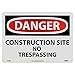 NMC D248RB DANGER - CONSTRUCTION SITE NO TRESPASSING Sign - 14 in. x 10 in. Rigid Plastic Danger Signage, Black/White Text on White/Red Base