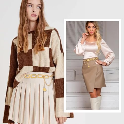Chain Belt for Women Metal Waist Chain Chunky Belly Link Belt Thick chain Belts Trendy Adjustable Waist Belts Gold Fashion Cute Body Chains for Girls Ladies Dresses Vest Jeans Pants Trousers 7
