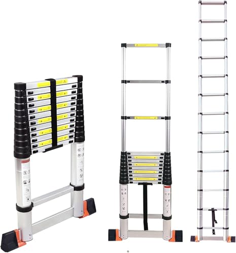 REDCAMP 3.8M Aluminum Telescopic Ladder with Stabiliser Bar, Folding Extension Telescoping Ladder 3.8M, 330 LBS Capacity