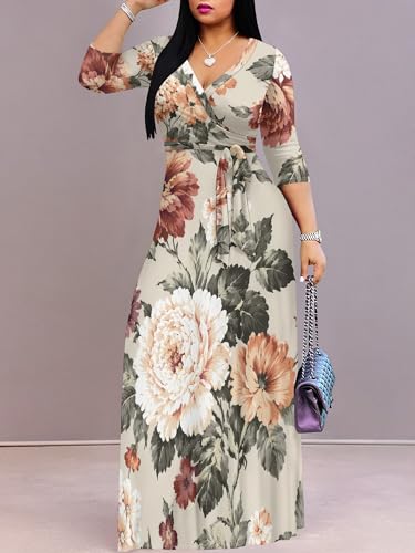 Image of Women Plus Size Long Sleeve V Neck Maxi Dress with Belt | Soft fabric relaxed fit three quarter sleeve v neck with pockets for party and daily wear