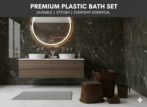 Image of MODWARE Bathroom Set, Pack of 4, Bucket, Mug, Soap Case, Stool, 20L, Polypropylene (Brown)