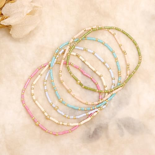 Gold Seed Beaded Bracelets Set for Women, Boho Handmade Friendship Stretch Summer Beach Jewelry Gift.4