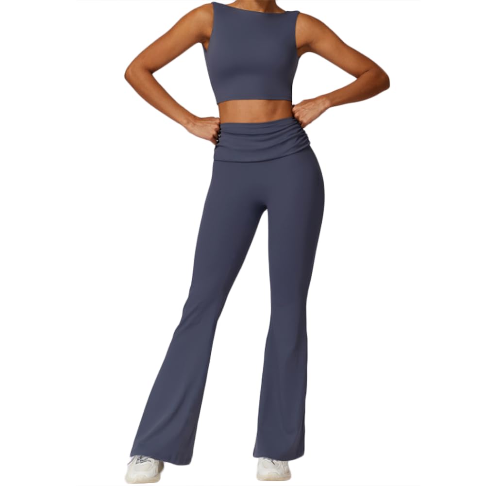 JPXJGT 2 Piece Activewear Yoga Clothes Control Quick Dry Gym Flare Pants and Bra Set(Size:XL,Color:Deep Blue)