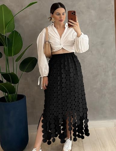 Kissonic Womens Long Fringe Maxi Skirt Summer Hollow Out Boho Elastic High Waist Skirt4