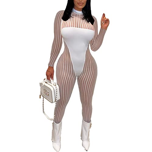 Women Sexy Sheer Mesh Jumpsuit - Long Sleeve Mock Neck Stripes Patchwork See Through Rompers Bodycon Bodysuit White 2X #TOP18