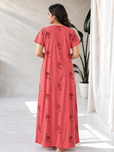 Image of 9shines Label Stylish Cotton Blend Embroidered Maxi Nightdress for Women with Pocket| Full Length Nightwear| Premium Nightdress| Comfortable Nightwear(5256)