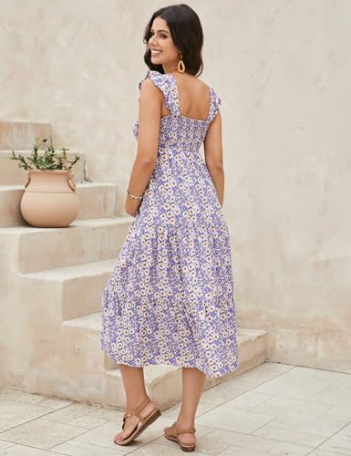 Image of KOJOOIN Womens Maternity Dress Summer Sleeveless Smocked Square Neck Ruffle Casual Boho Midi Dress Baby Shower Photoshoot
