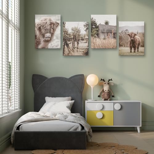 Image of Vintage Farm Cow Farmhouse Decor Cow Prints Canvas Wall Art Prints Pictures Wall Decor for Home Bedroom Office Bathroom Rustic Western Country Birthday Housewarming Gifts 4PCS,Framed,8x10IN
