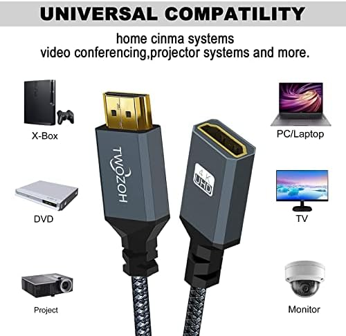 Twozoh HDMI Extension Cable 1FT, Male to Female Cord, HDMI 2.0 Cable Adapter Support 4K@60Hz 3D HDR - 1