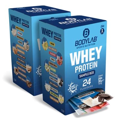Bodylab24 Whey Protein Adventskalender 2025 im Doppelpack, Fitness Adventskalender mit 24 verschiedenen Whey Sorten, bis zu 80% Eiweiß, limitierte Sample Box