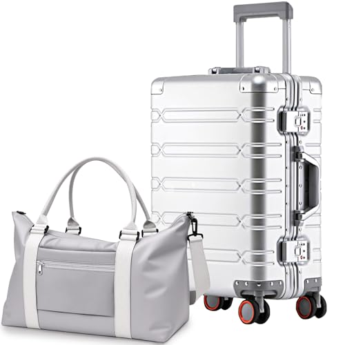 WEICHEN All Aluminum Carry On Luggage 22x14x9 Airline Approved with Duffle-Travel Bag, 22 Inch Carryon Luggage Hard Shell Suitcase with Spinner Wheels & TSA Lock