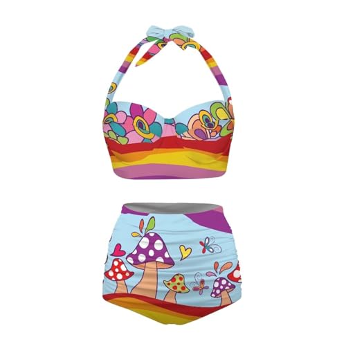 Annejudy Colorful Hippie Mushroom Women Two Piece Bikini Set Swimsuit Push Up Beachwear Sexy Bathing Suits Halter Tops with High Waist Bottom Bikini Sets