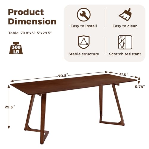 Image of DELAVIN 70.8 Inch Large Solid Wood Dinner Table for 6-8 People, Modern Oak Kitchen Table with Natural Wood Grain, Luxury Rectangular Dining Table for Family, Office, Party, Easy Assembly, Walnut