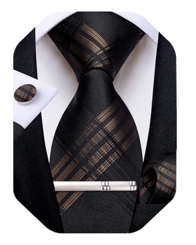 Image of DiBanGu Plaid Ties for Men Silk Checkered Necktie and Pocket Square Cufflinks Tie Clip Set with Gift Box for Wedding Business