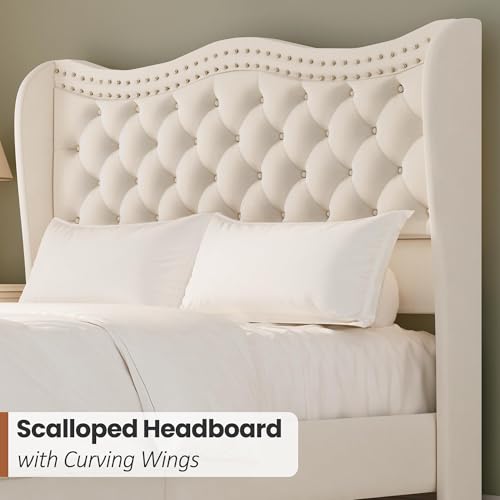 RIHHA Elegant Glam Queen Upholstered Bed Frame with Tall Tufted Wingback Headboard & Footboard – Cream Beige Velvet Platform Bed, Sturdy & Noise-Free, No Box Spring Required, Easy Assembly
