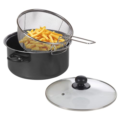 Deep Fat Fryer Set Black Marble or Copper Look Chip Pan (Black Metallic)