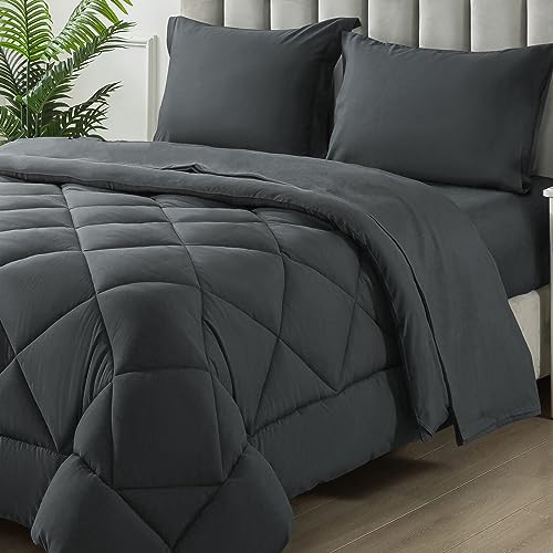 SameBed Twin Size Comforter Set, 5 Pieces Bed in a Bag, Bedding Sets with All Season Soft Quilted Lightweight Comforter, Flat Sheet, Fitted Sheet, 1 Pillow Sham, 1 Pillowcase, Dark Grey